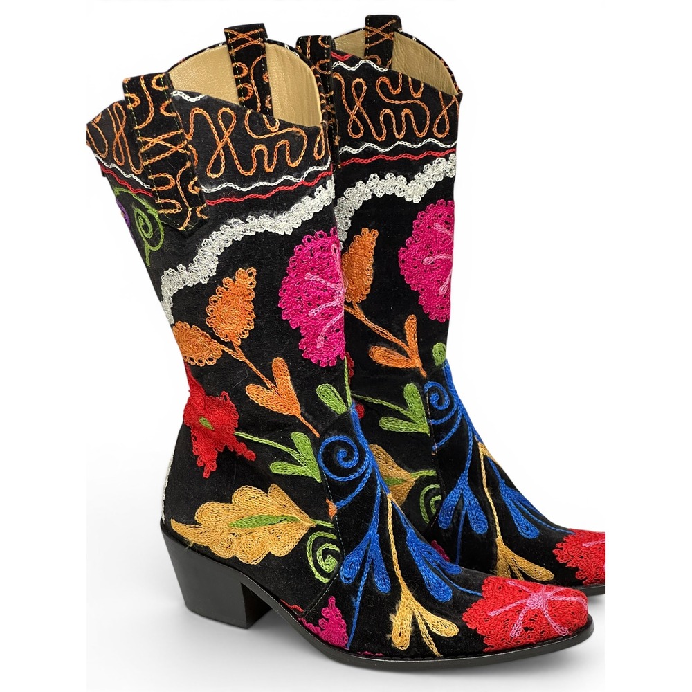 Velvet Road Cowboy Boot Black Floral Embroidered Suede Leather Mid Calf 35 Women